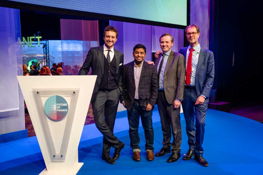 (L to R) Messrs. Matteo Marinelli, Ruchit Garg, Andrew Shaw and Idsert Boersma, Director of Partnerships for Impact at FMO at the Future of Finance 2018 conference in Utrecht, Netherlands.