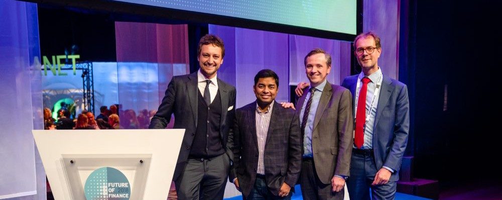 (L to R) Messrs. Matteo Marinelli, Ruchit Garg, Andrew Shaw and Idsert Boersma, Director of Partnerships for Impact at FMO at the Future of Finance 2018 conference in Utrecht, Netherlands.